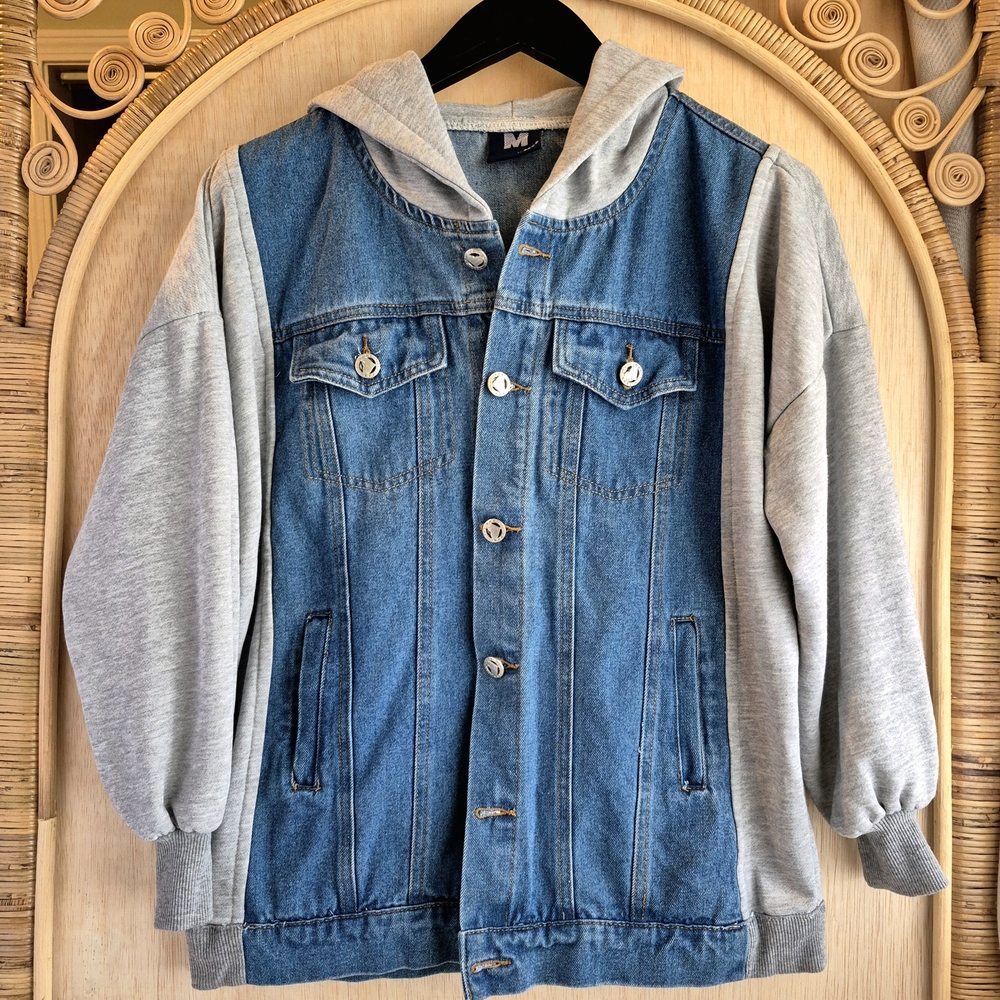 Denim Heart Accent Button Up Jacket Hoodie Blue Jean Grey Sweatshirt Hybrid